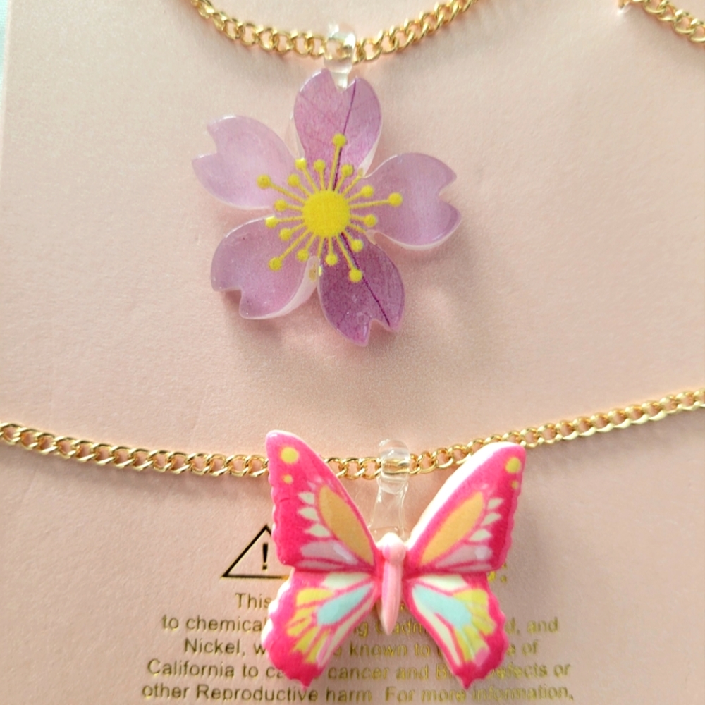 Kid's Pink Butterfly, Purple Flower Necklace